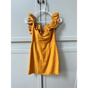 By the Way linen ruffle over the shoulder yellow mini dress, size XS